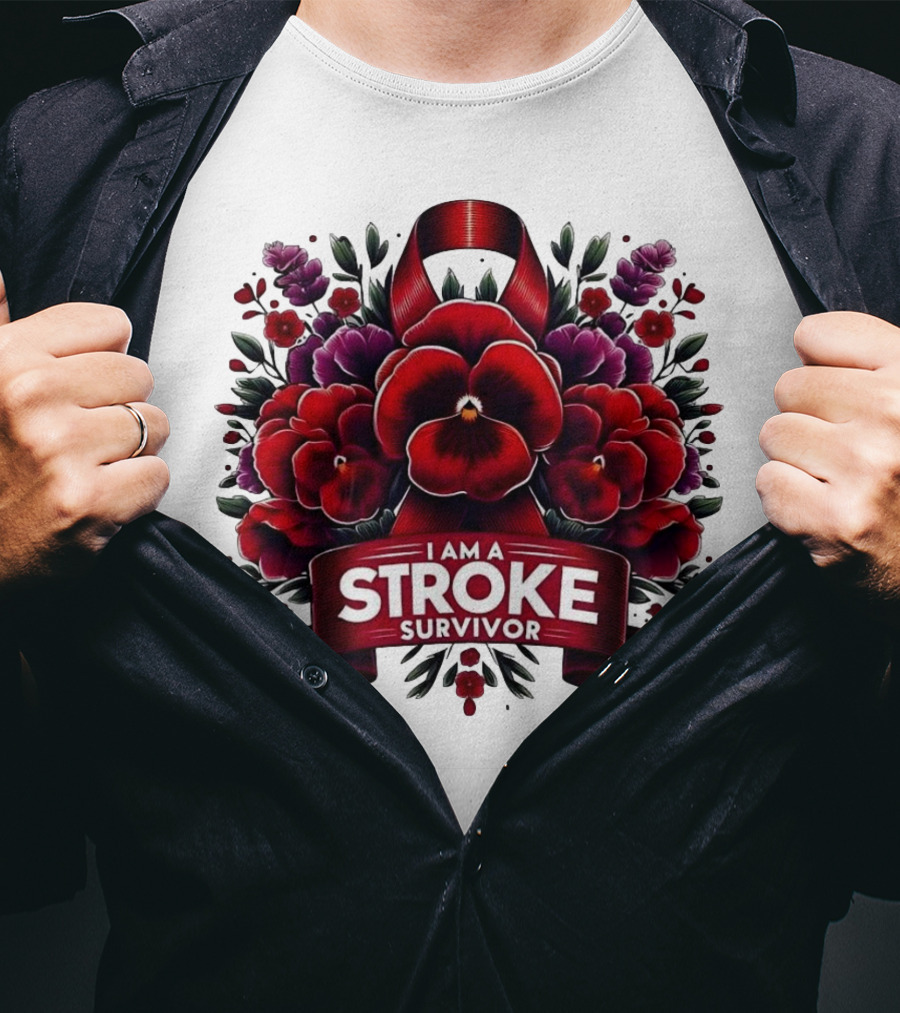 I Am A Stroke Survivor Red Ribbon And Floral Bouquet T-Shirt