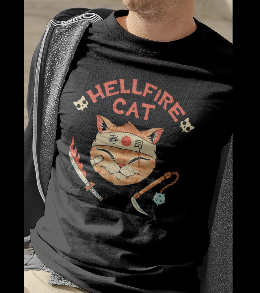 Hellfire Cat Sushi Samurai With Nunchaku And Flaming Sword T-Shirt