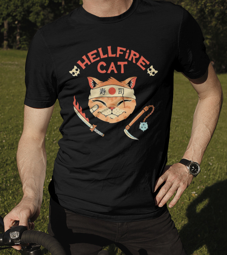 Hellfire Cat Sushi Samurai With Nunchaku And Flaming Sword T-Shirt