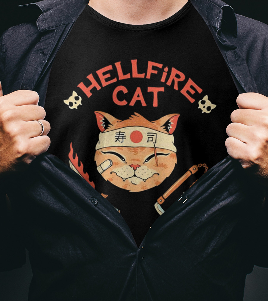 Hellfire Cat Sushi Samurai With Nunchaku And Flaming Sword T-Shirt