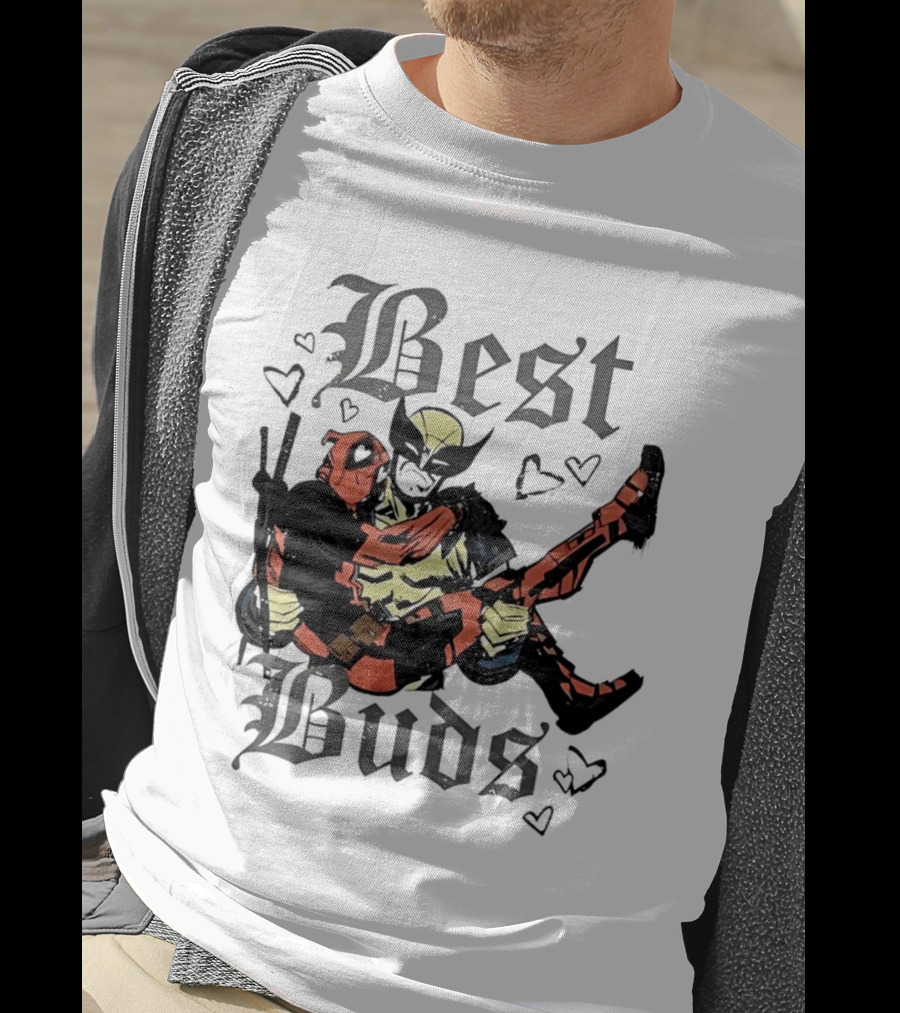 Best Buds Wolverine Carrying Deadpool With Hearts T-Shirt