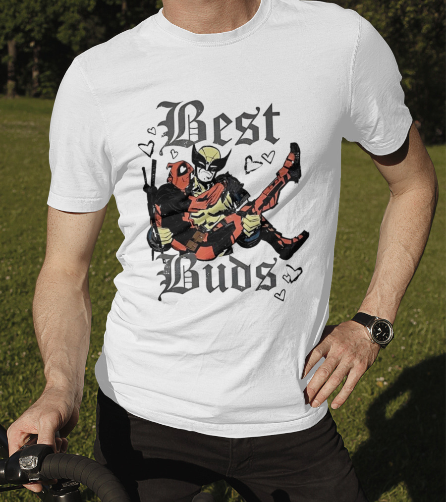 Best Buds Wolverine Carrying Deadpool With Hearts T-Shirt