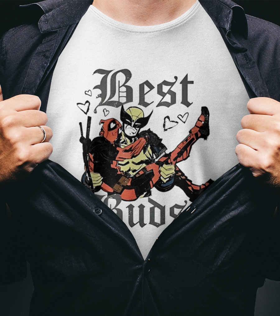Best Buds Wolverine Carrying Deadpool With Hearts T-Shirt