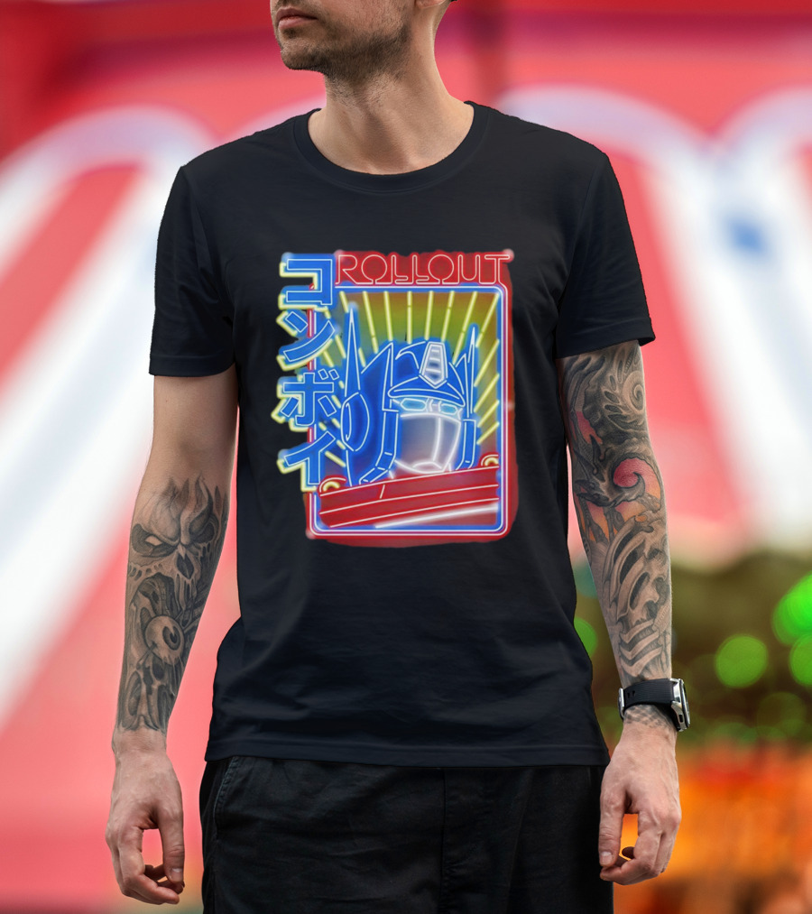 Rollout Neon Prime Robot Head with Japanese Characters T-Shirt