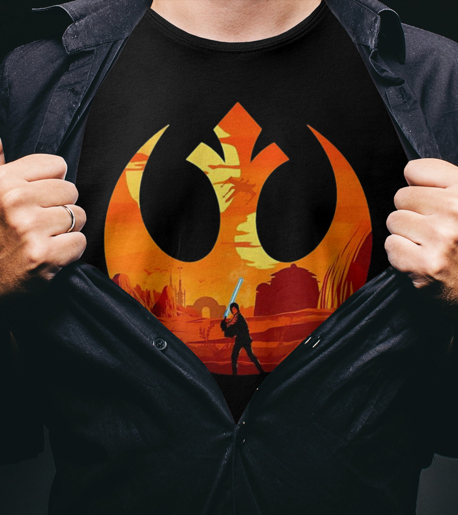 Luke Skywalker The Knight Farmer Tatooine Rebel Symbol Sunset Scene T-Shirt