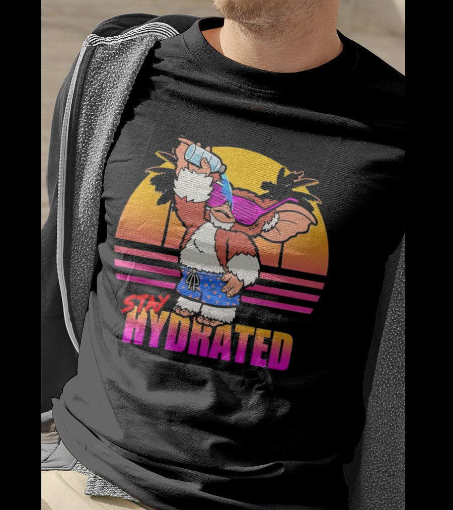 Stay Hydrated Gizmo Summer Beach Vibes With Sunset And Palm Trees T-Shirt