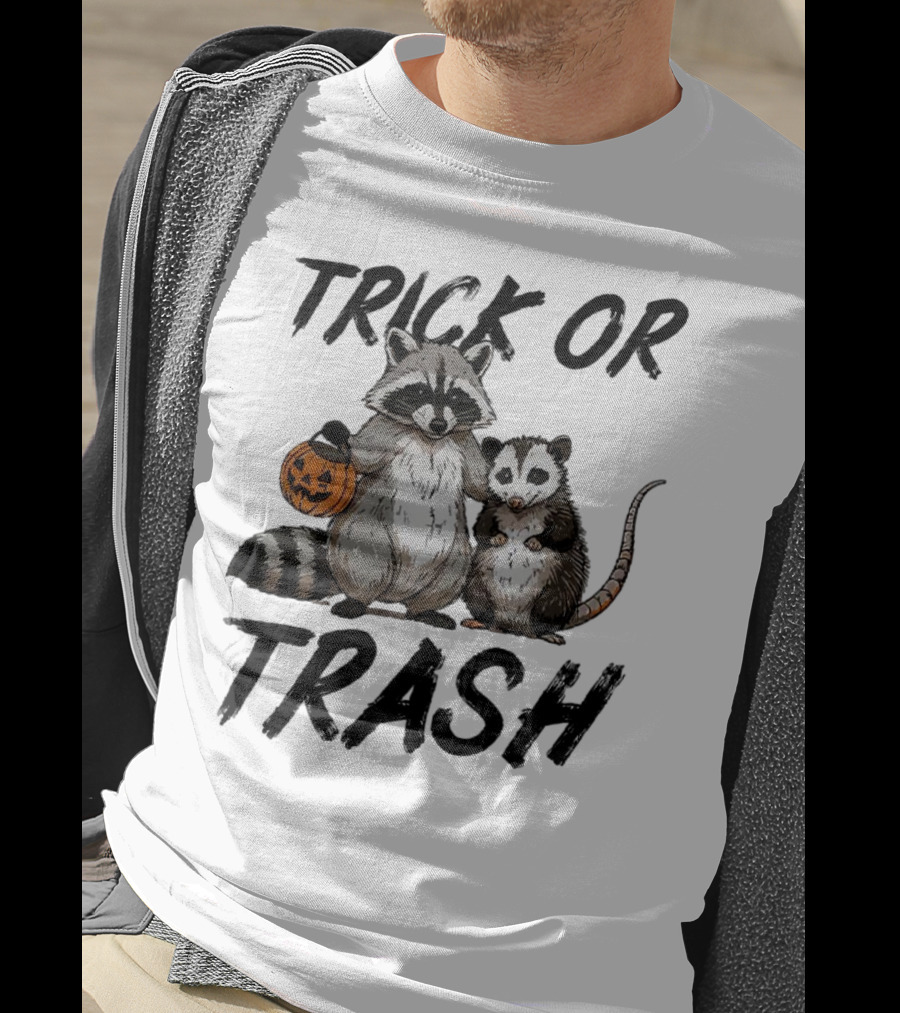 Trick Or Trash Halloween Raccoon With Pumpkin T-Shirt