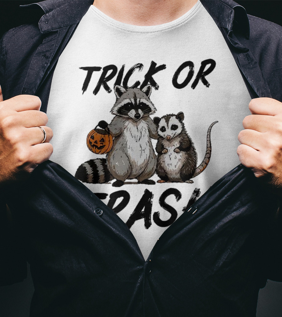 Trick Or Trash Halloween Raccoon With Pumpkin T-Shirt
