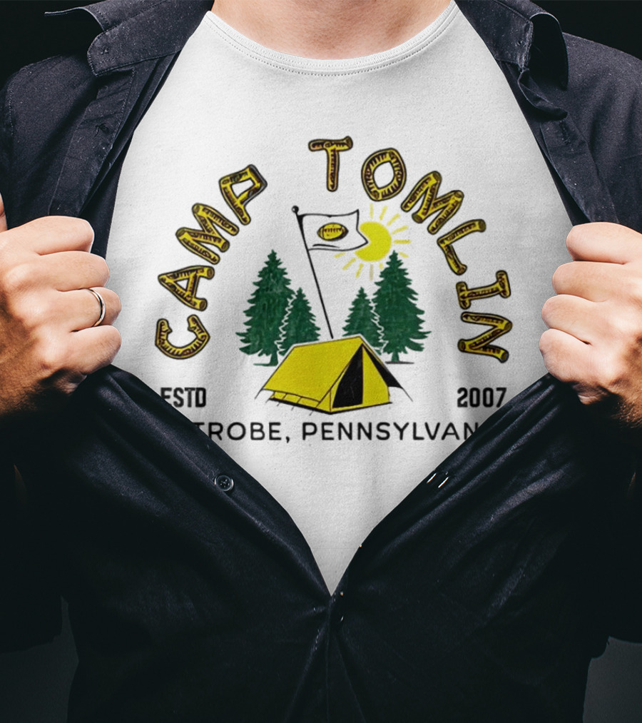 Camp Tomlin Established 2007 Latrobe Pennsylvania Football Camping Tent Trees Moon Sun T-Shirt