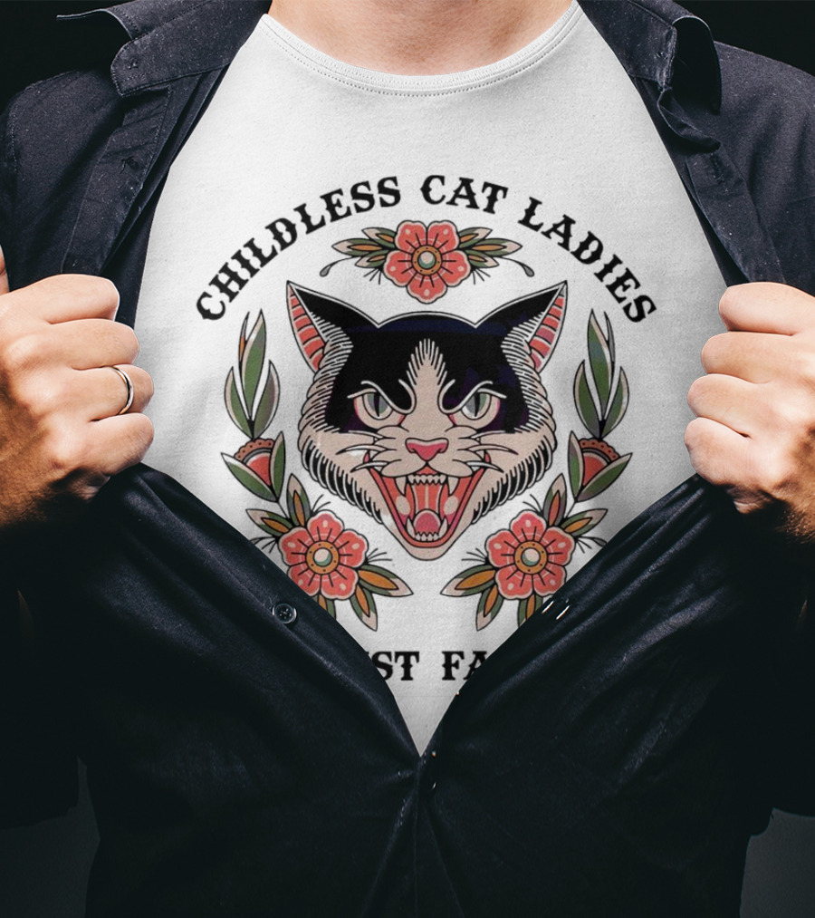 Childless Cat Ladies Against Fascism Fierce Cat With Flowers T-Shirt