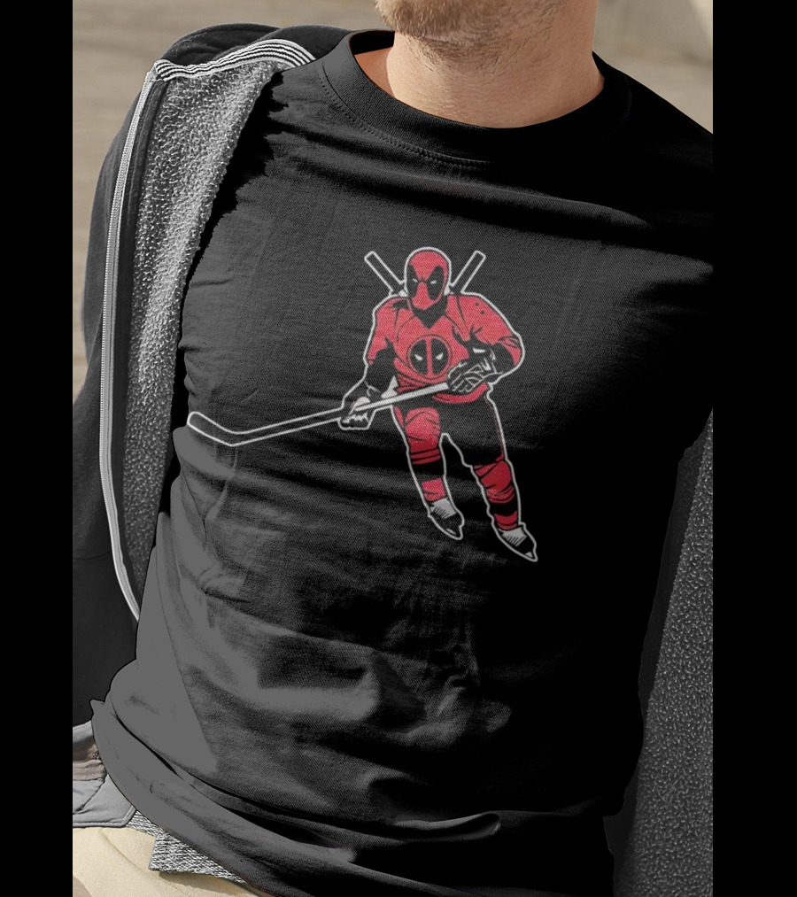 Deadpool Playing Hockey With Iconic Mask And Costume T-Shirt