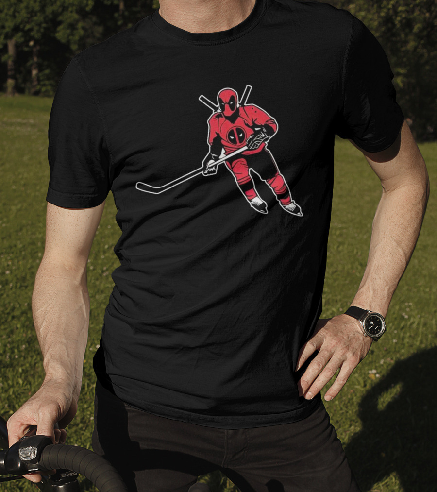 Deadpool Playing Hockey With Iconic Mask And Costume T-Shirt