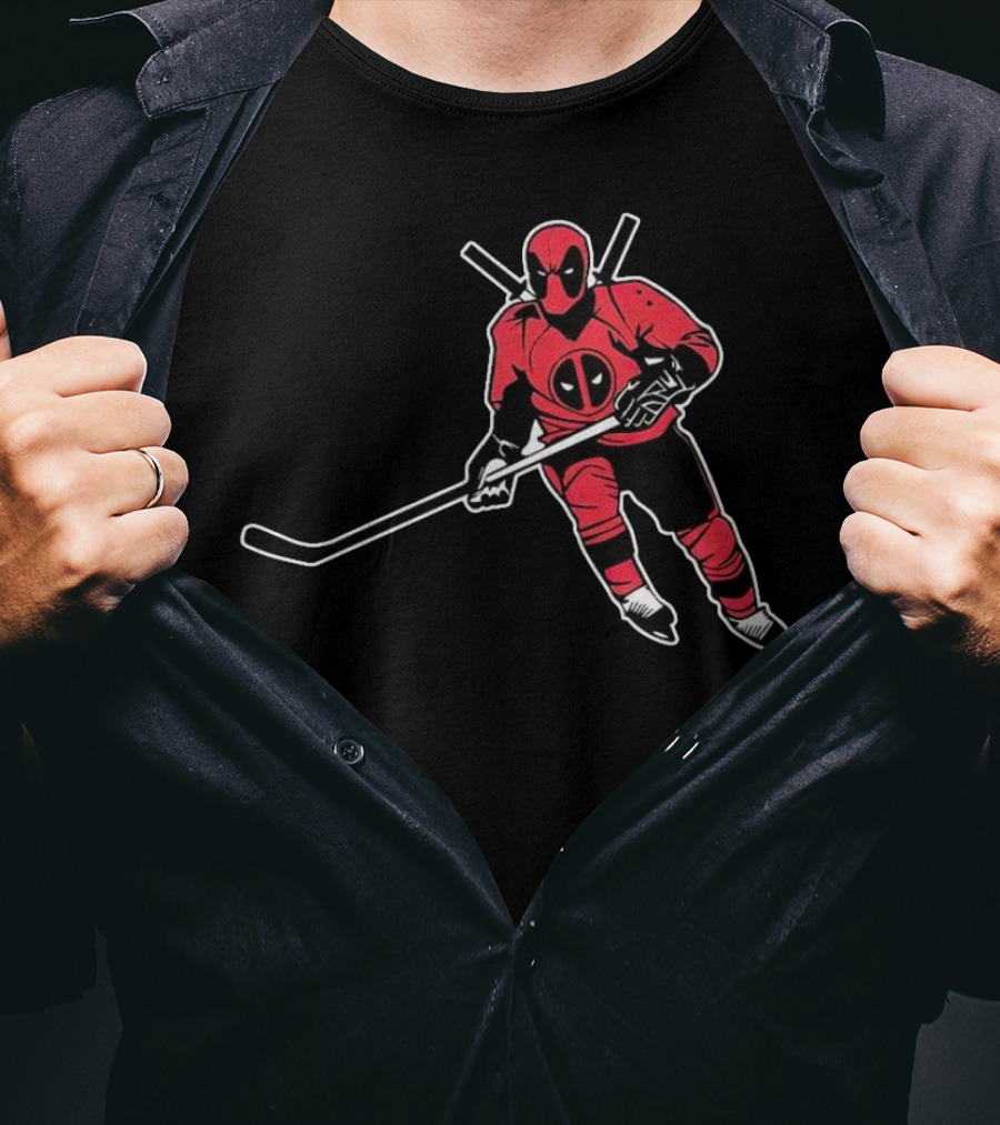 Deadpool Playing Hockey With Iconic Mask And Costume T-Shirt