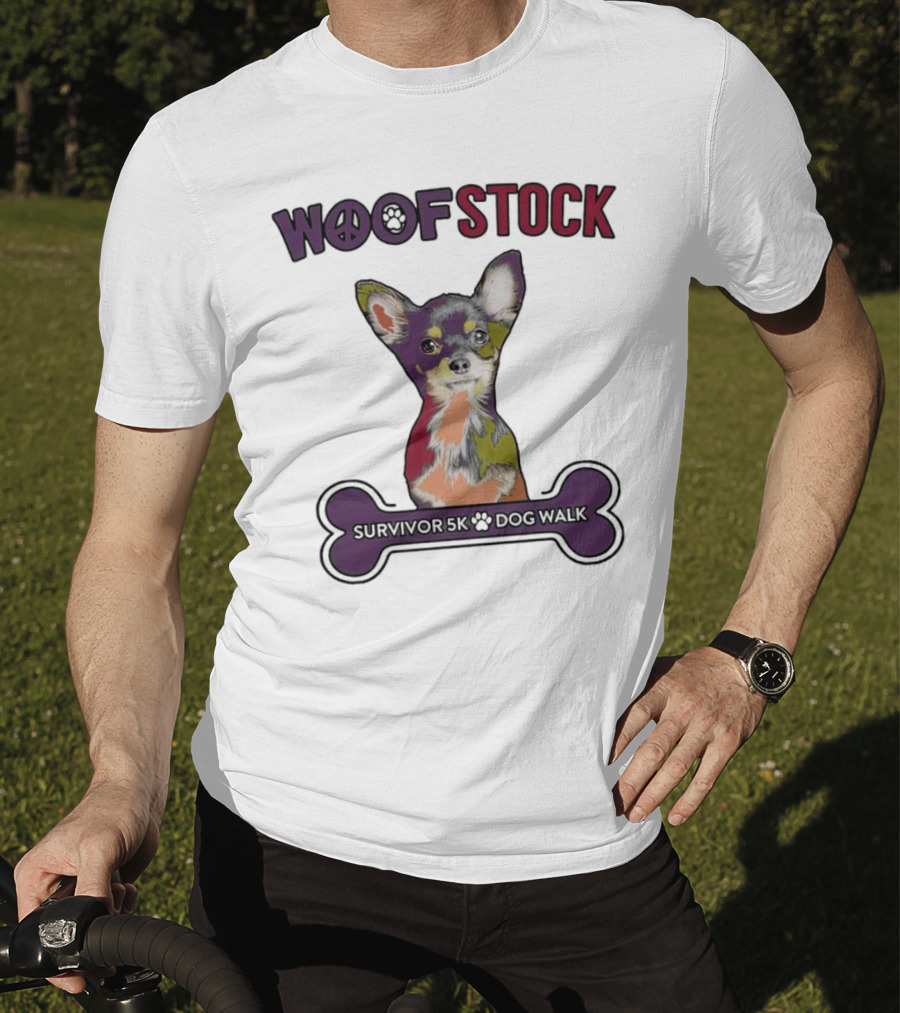 Woof Stock Peace Sign Survivor 5K Dog Walk Colorful Chihuahua Bone T-Shirt