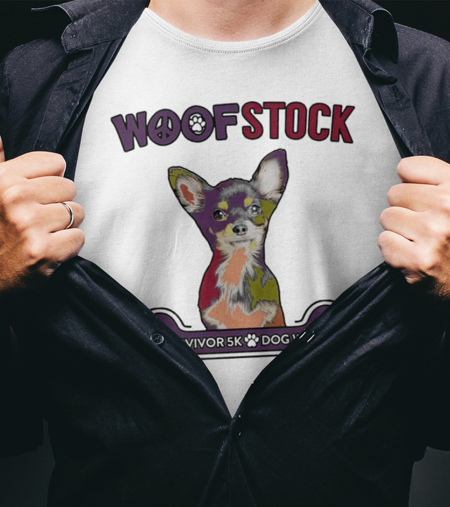 Woof Stock Peace Sign Survivor 5K Dog Walk Colorful Chihuahua Bone T-Shirt