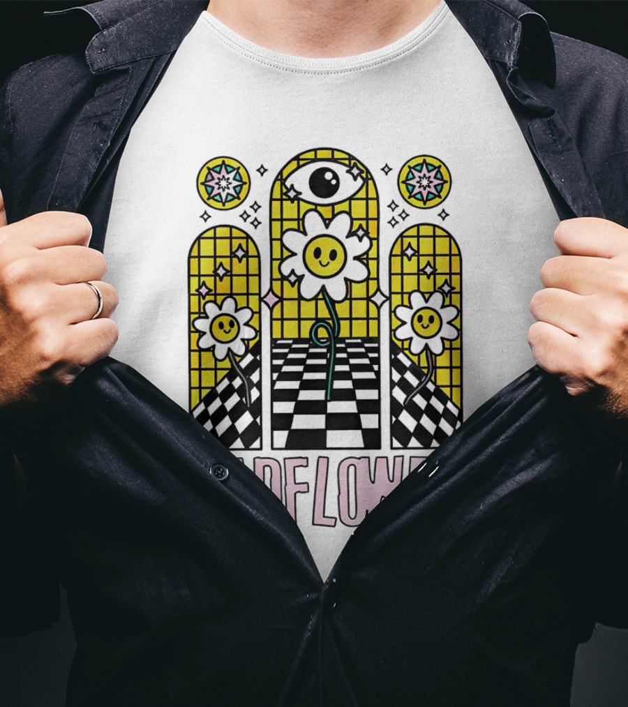 Badflower Eyeball Wall Happy Flowers Stained Glass T-Shirt