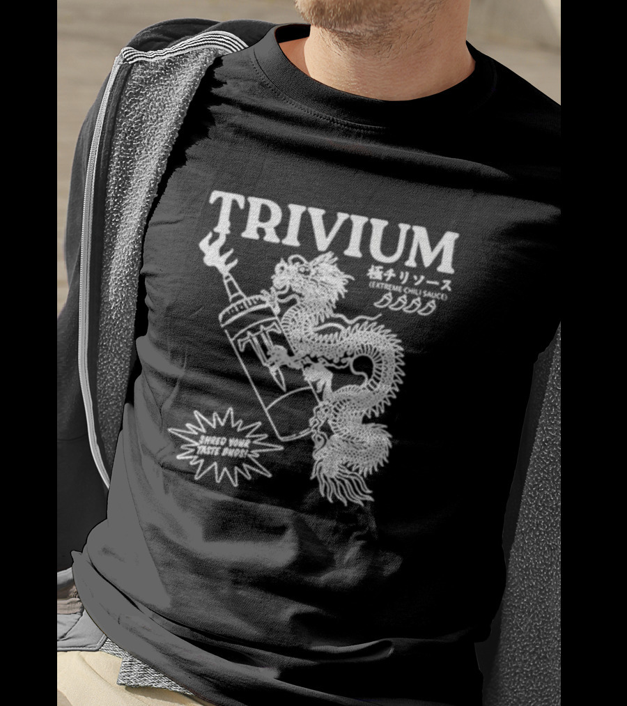 TRIVIUM Extreme Chili Sauce Shred Your Taste Buds Dragon Bottle T-Shirt