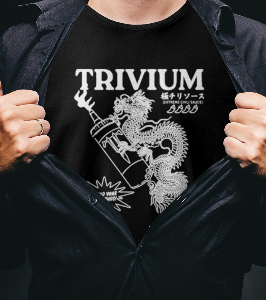 TRIVIUM Extreme Chili Sauce Shred Your Taste Buds Dragon Bottle T-Shirt