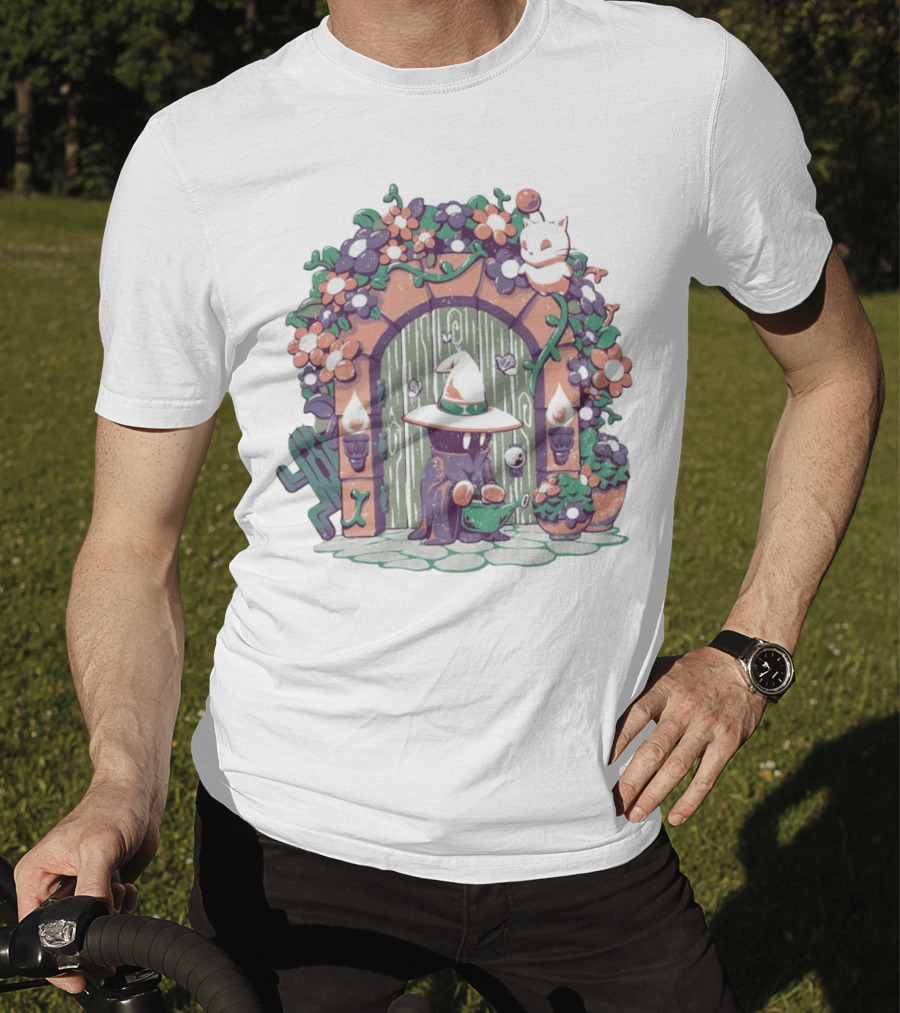 A Gardening Mage And Friends Enchanted Floral Doorway Fantasy Garden Scene T-Shirt
