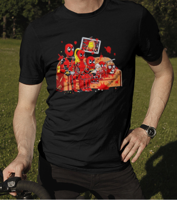 Deadpool Characters Sitting On Simpsons Couch With TV Screen T-Shirt