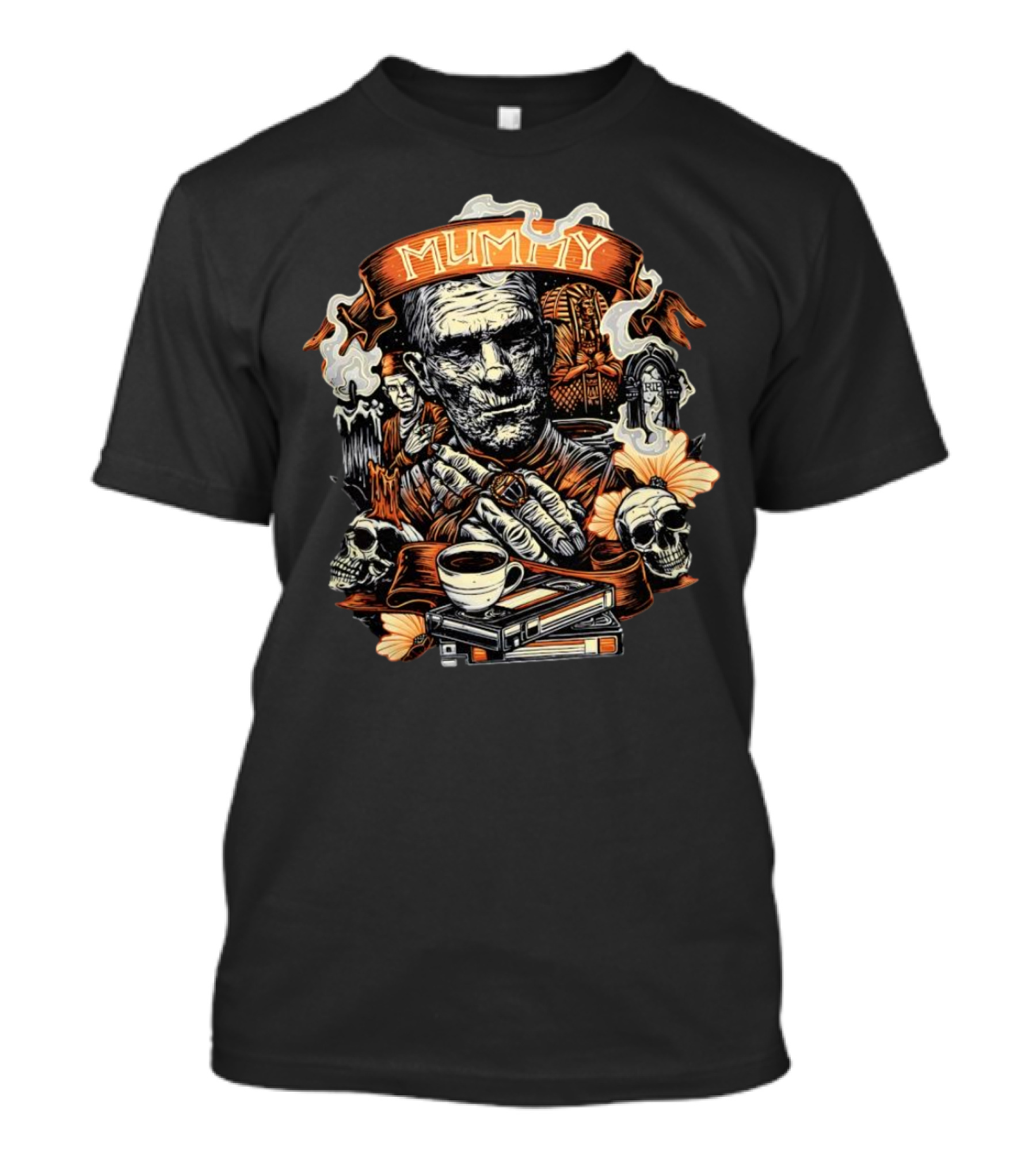 Mummy Vintage Horror Scene With Skulls And Coffee T-Shirt