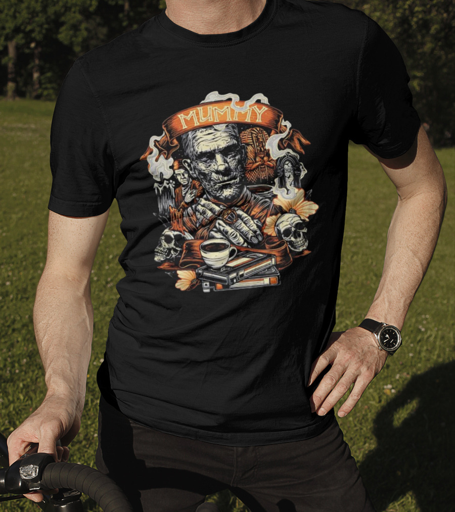 Mummy Vintage Horror Scene With Skulls And Coffee T-Shirt
