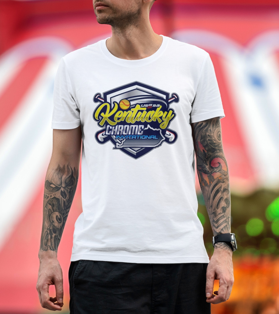 USSSA Kentucky Fast Pitch Chrome Invitational 2024 Logo with Baseball Bats and Map Outline T-Shirt