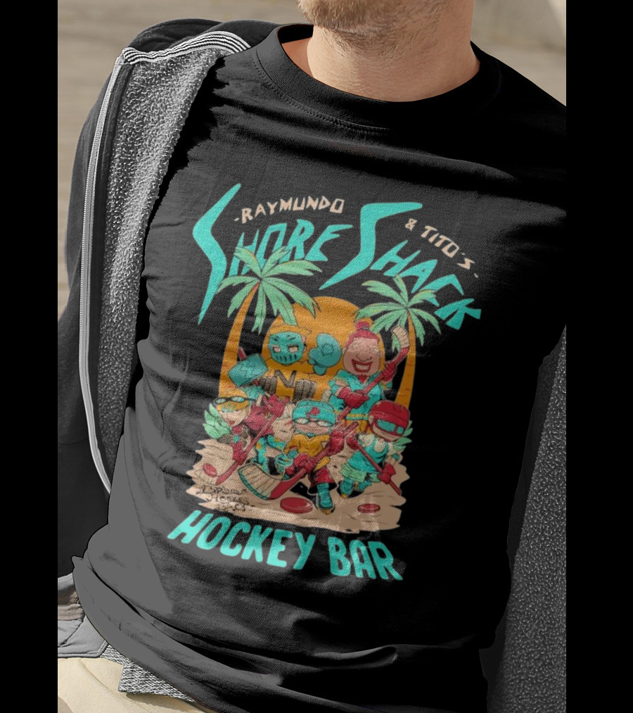 Raymundo And Tito's Shore Shack Hockey Bar Cartoon On The Beach With Hockey Players And Palm Trees T-Shirt