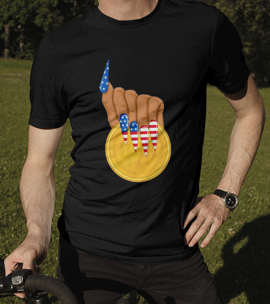 USA Gold Medal Hand With American Flag Nails T-Shirt