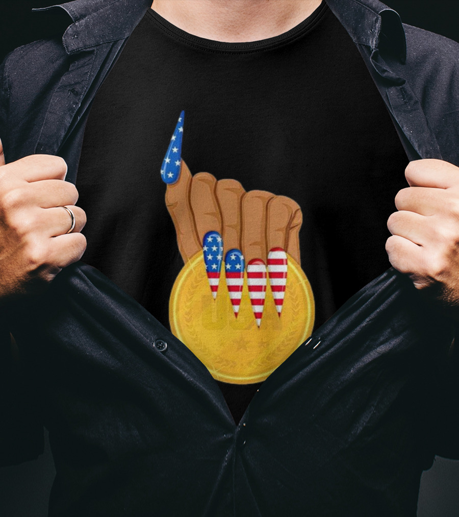USA Gold Medal Hand With American Flag Nails T-Shirt