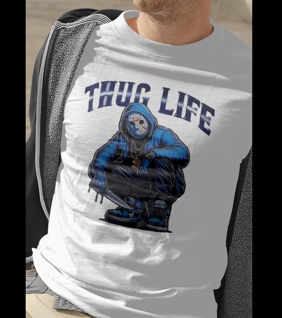 Thug Life Masked Man Sitting With Knife In Blue Hoodie And Sneakers T-Shirt