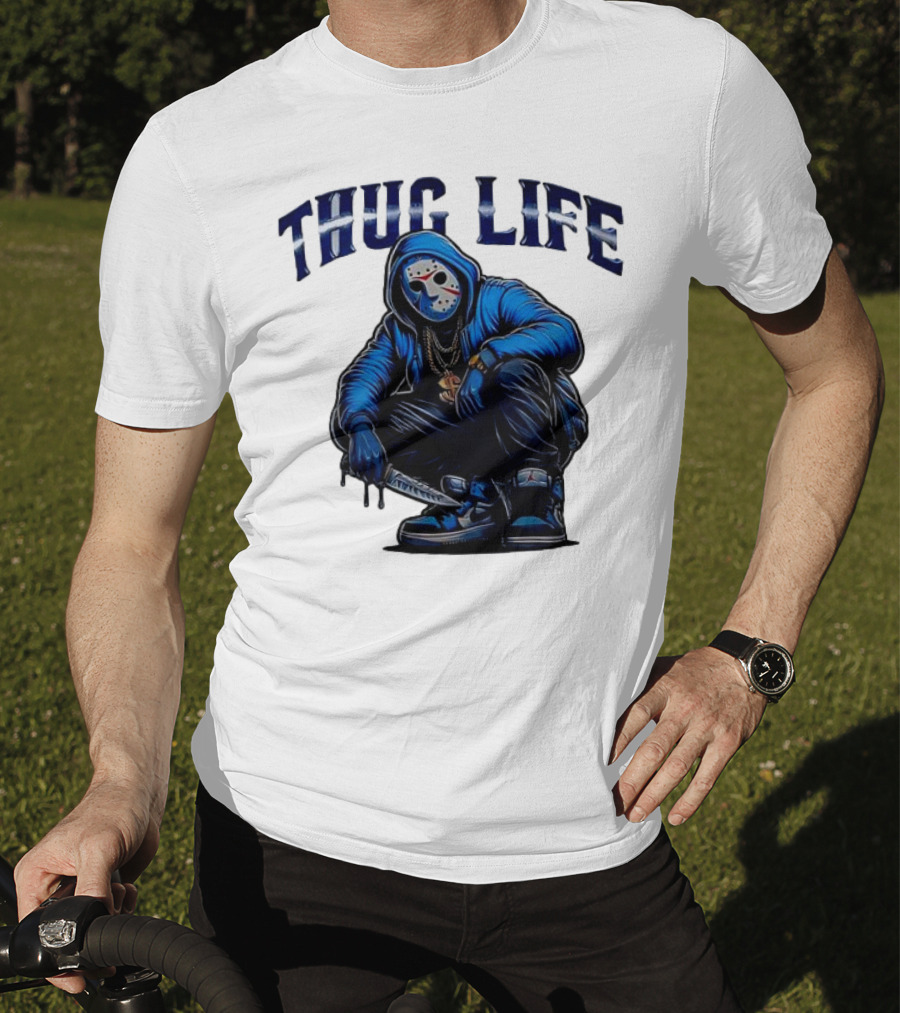 Thug Life Masked Man Sitting With Knife In Blue Hoodie And Sneakers T-Shirt