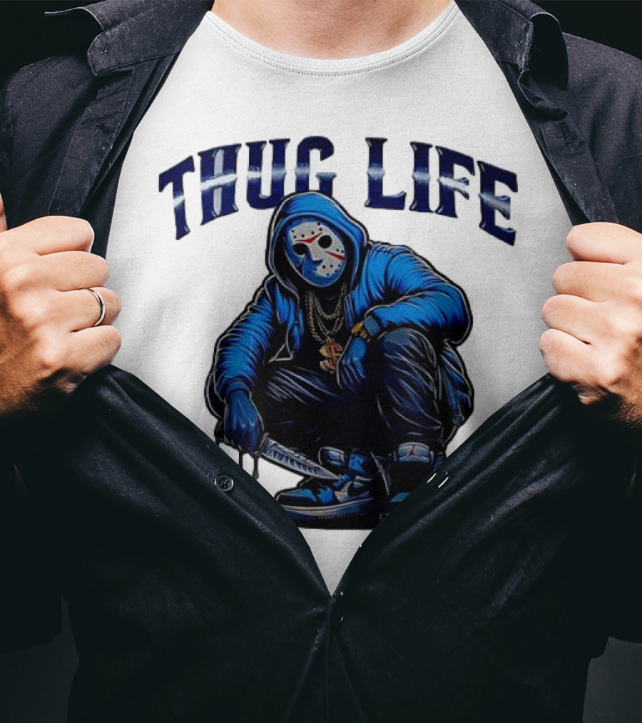 Thug Life Masked Man Sitting With Knife In Blue Hoodie And Sneakers T-Shirt