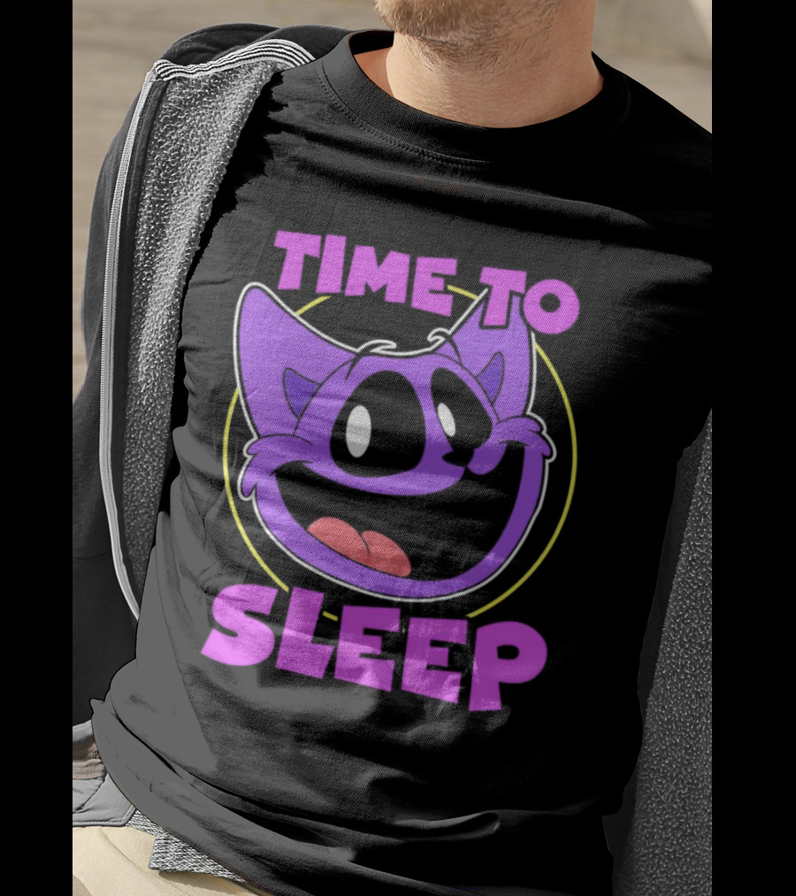 Time To Sleep Purple Cat Cartoon Face T-Shirt