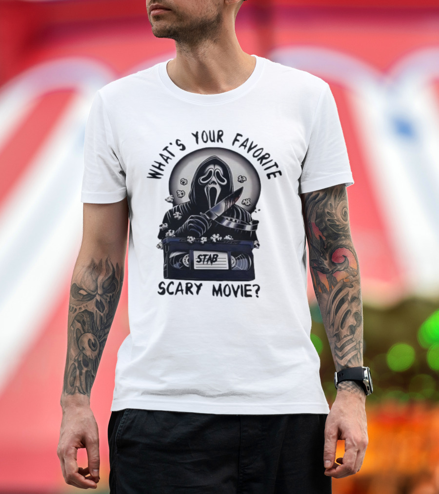 What's Your Favorite Scary Movie Ghostface Stab VHS Popcorn T-Shirt
