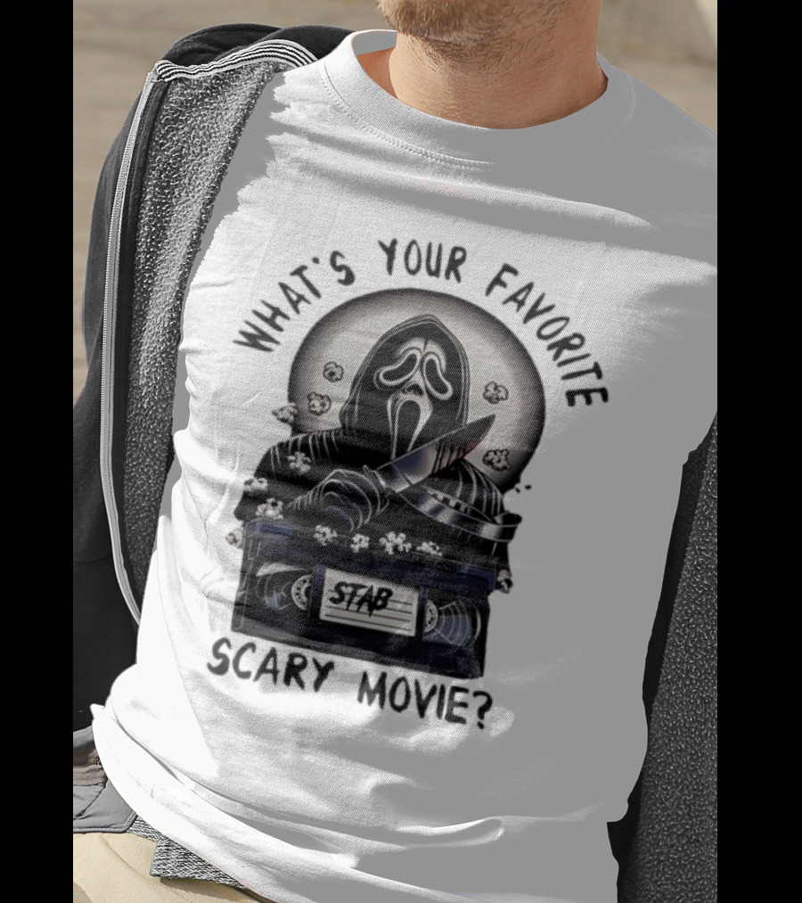 What's Your Favorite Scary Movie Ghostface Stab VHS Popcorn T-Shirt