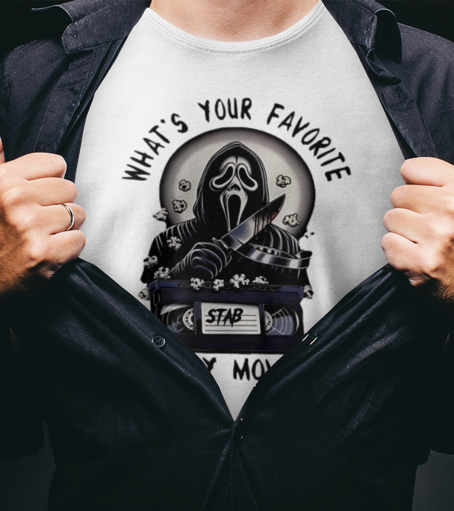 What's Your Favorite Scary Movie Ghostface Stab VHS Popcorn T-Shirt