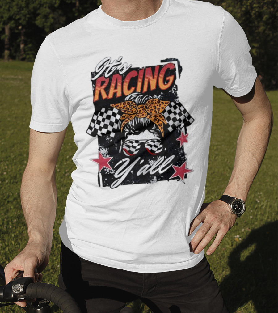 It's Racing Y'all Racing Girl Checkered Flag Leopard Print Bow T-Shirt
