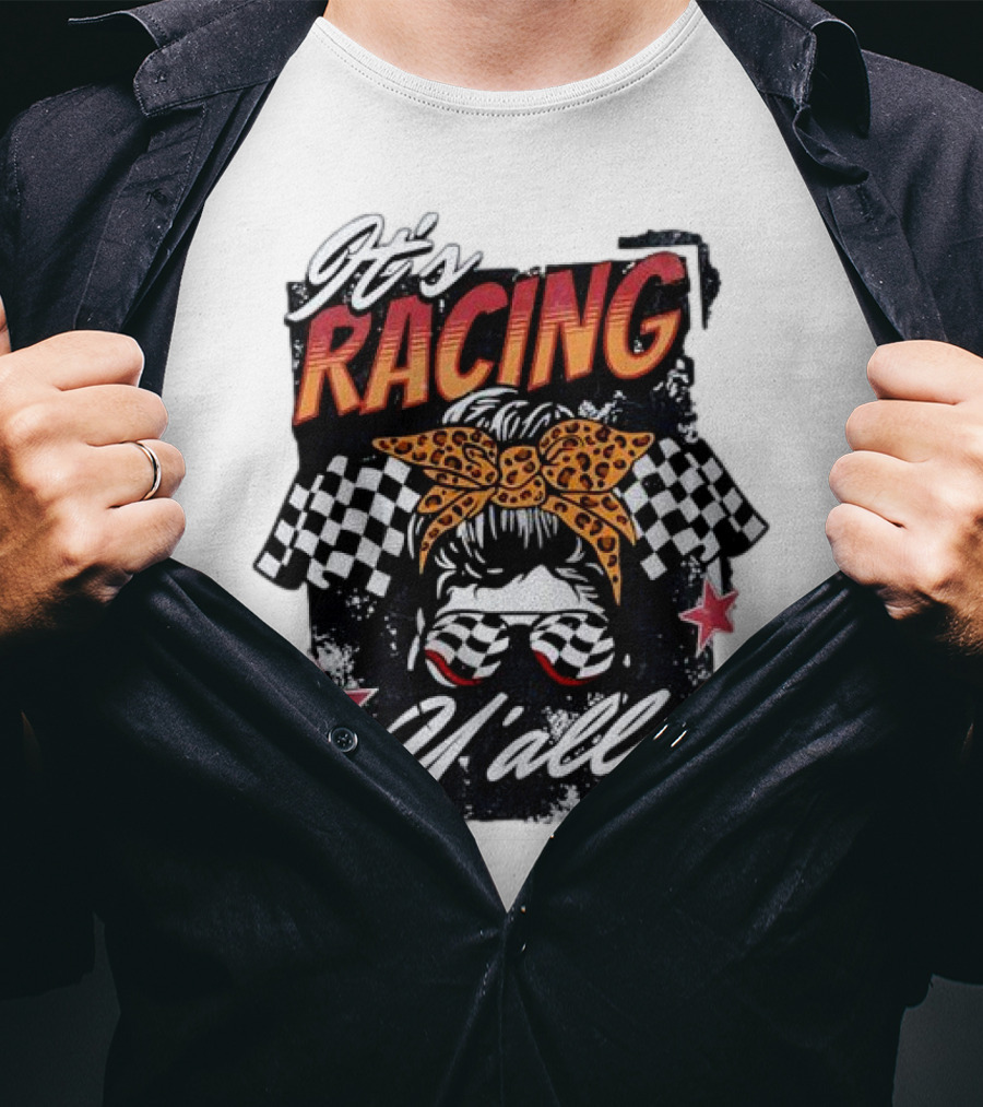 It's Racing Y'all Racing Girl Checkered Flag Leopard Print Bow T-Shirt