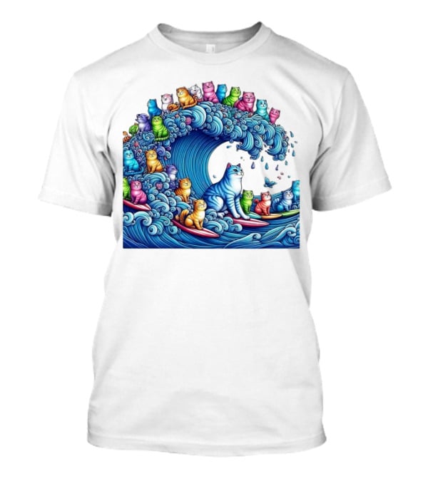 Cats Surfing In A Colorful Wave Bringing Joy T-Shirt