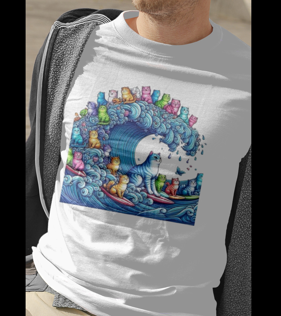 Cats Surfing In A Colorful Wave Bringing Joy T-Shirt