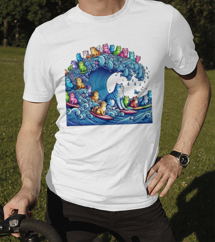 Cats Surfing In A Colorful Wave Bringing Joy T-Shirt