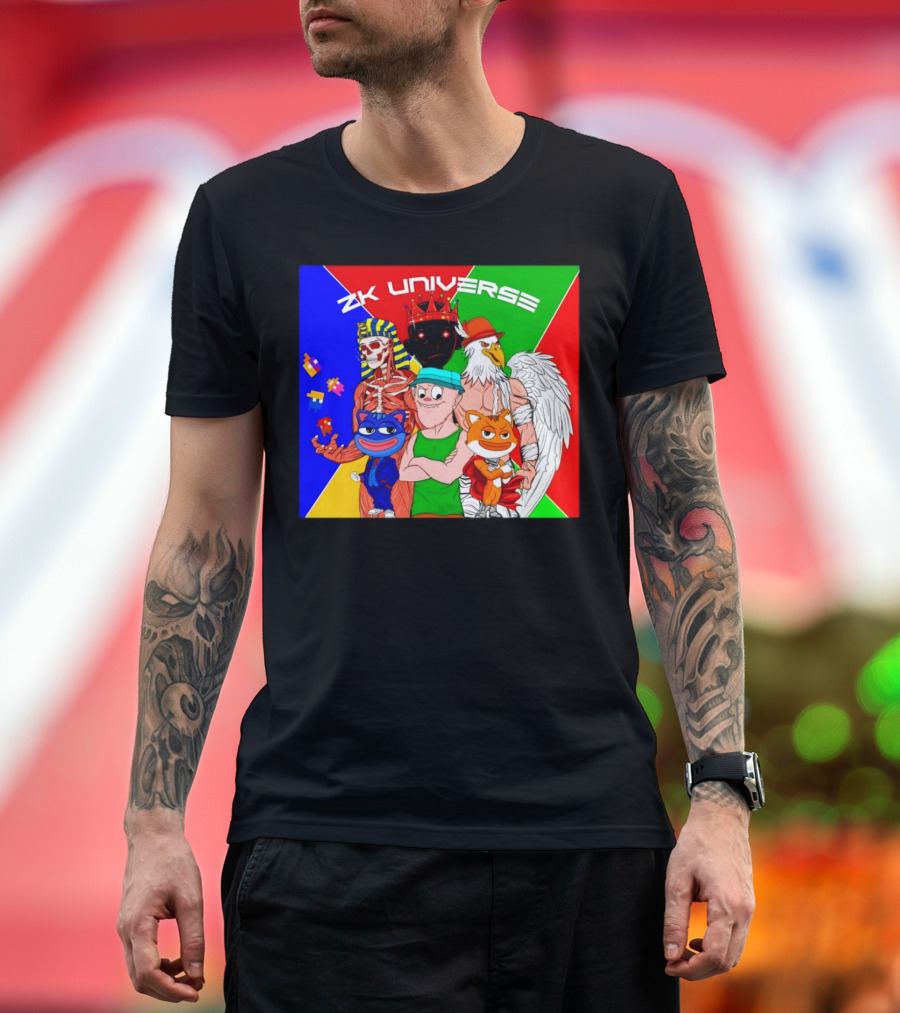 ZK Universe Colorful Characters with Pharaoh Skeleton, Crowned Figure, and Winged Eagle T-Shirt