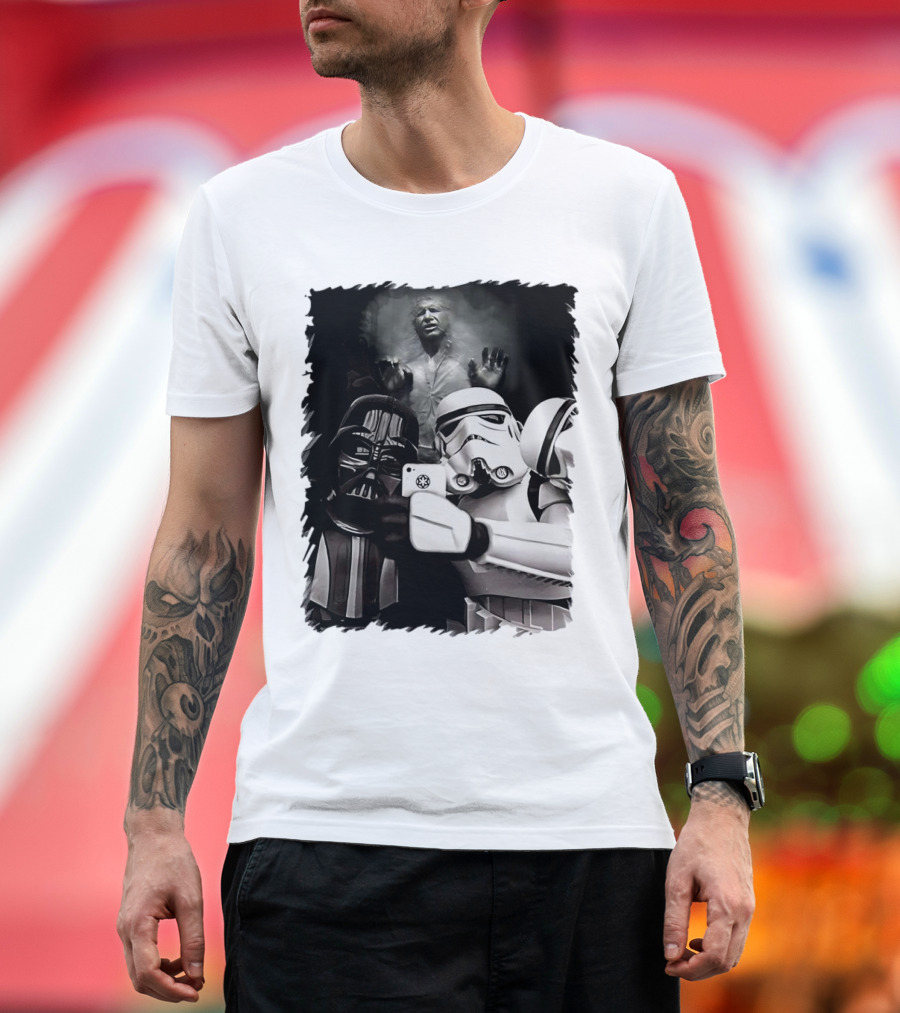 Star Wars Darth Vader and Stormtrooper Taking Selfie with Han Solo Frozen in Carbonite T-Shirt