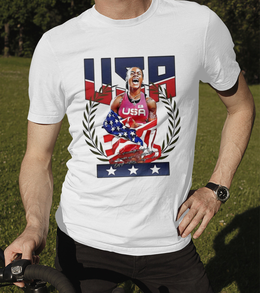 USA Sha’Carri Richardson Gold Medal Celebration American Flag T-Shirt