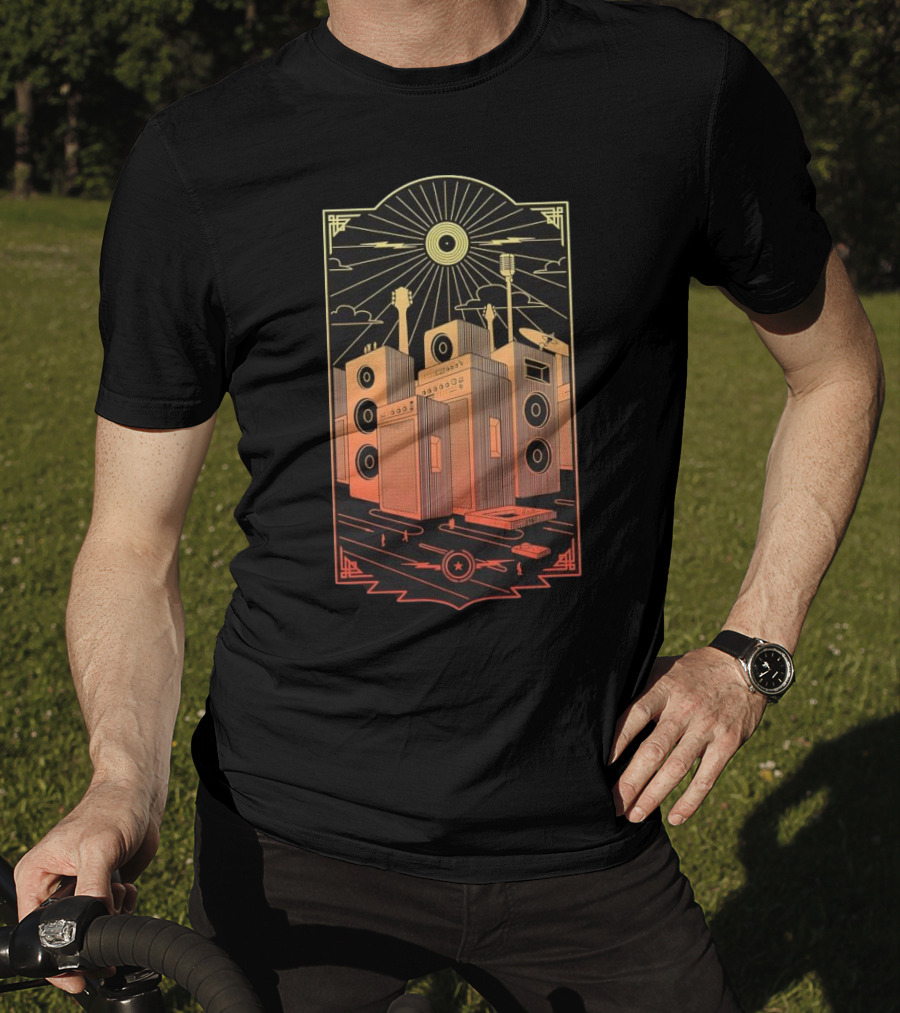 Sound City Amplifier Cityscape With Musical Instruments And Sunburst T-Shirt