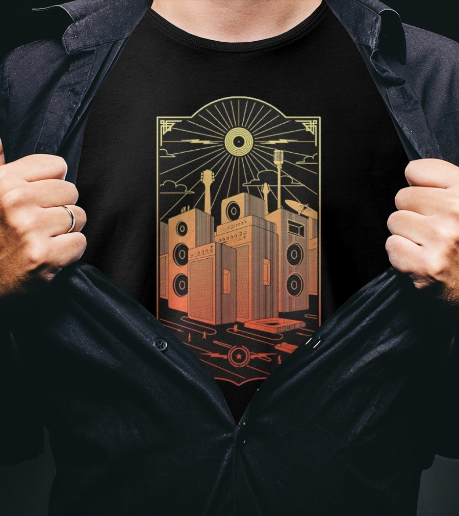 Sound City Amplifier Cityscape With Musical Instruments And Sunburst T-Shirt