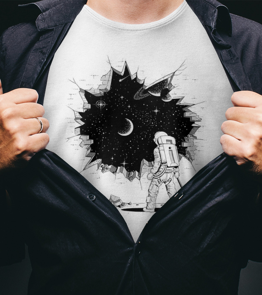 Breakthrough Astronaut Stargazing Through Cosmic Wall Hole T-Shirt