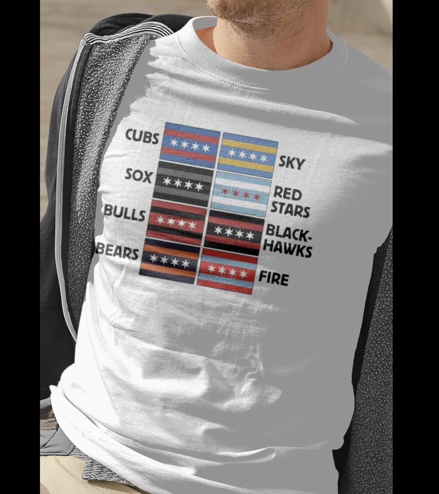 Chicago Cubs Sox Bulls Bears Sky Red Stars Blackhawks Fire Flag T-Shirt