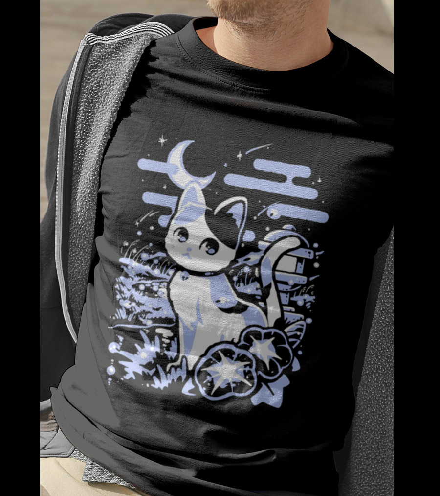 A Cat Amidst Moonlit Fireflies And Stars T-Shirt